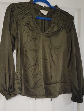Olive Green Women's Satin Peasant Blouse